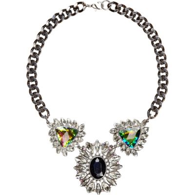 Grey metal gem stone statement necklace