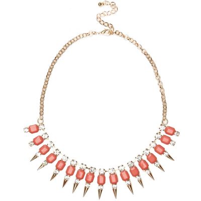 Coral gem stone spike short necklace