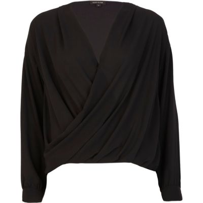 Black wrap front blouse