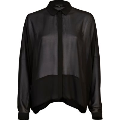 Black sheer contrast panel boxy shirt 