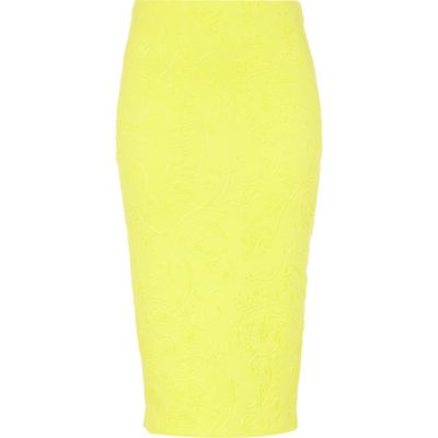 Yellow embossed pattern pencil skirt