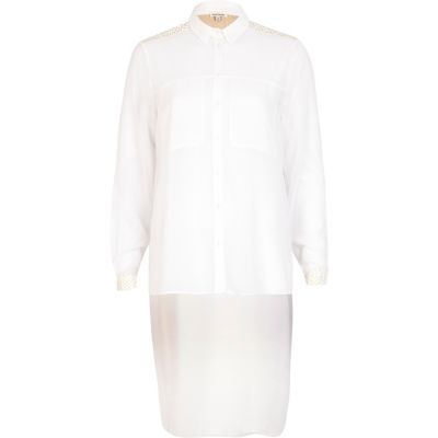 White stepped hem laser cut maxi shirt