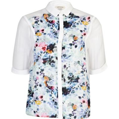 Blue floral print colour block boxy shirt