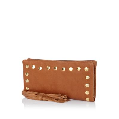 Brown leather zip around studded purse 