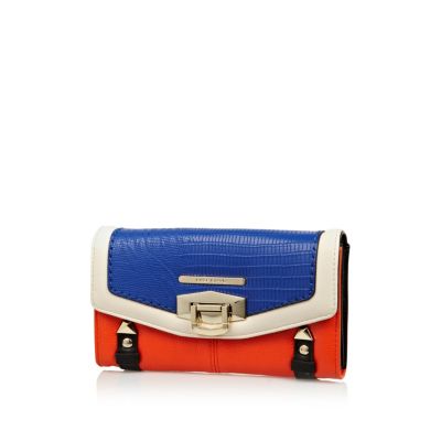 Blue colour block flip lock purse