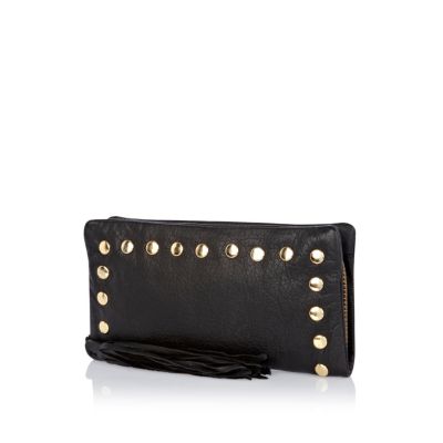 Black leather zip around studded purse