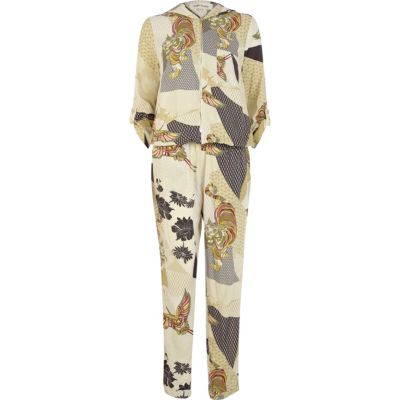 Green mixed print hooded jumpsuit
