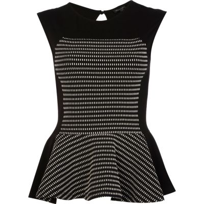 Black and white jacquard panel peplum top