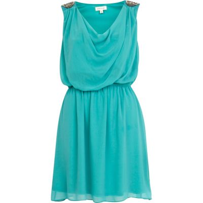 Turquoise embellished shoulder cowl dress