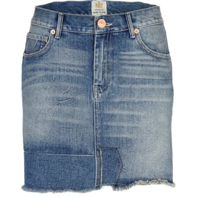Mid wash patchwork denim mini skirt 