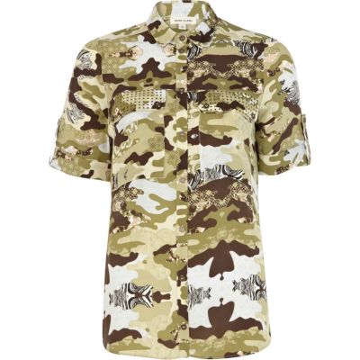 Green camo print utility shirt