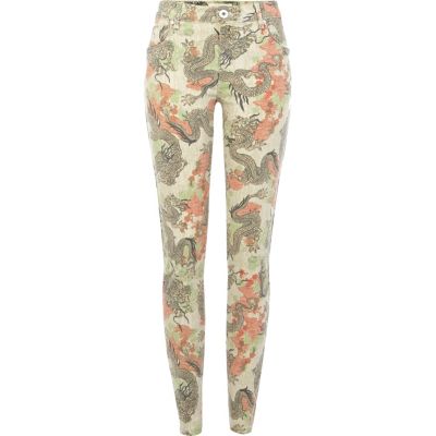 Beige dragon print Amelie superskinny jeans