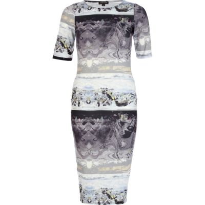 Grey marble print midi column dress