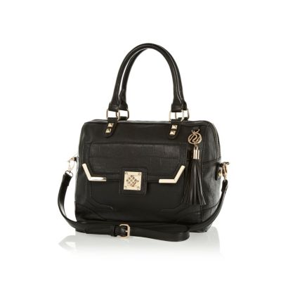 Black croc panel boxy bowler bag