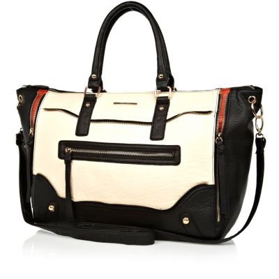 Cream and black colour block holdall
