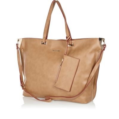 Beige contrast trim soft tote bag