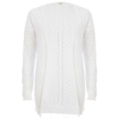 White lace insert longline cardigan