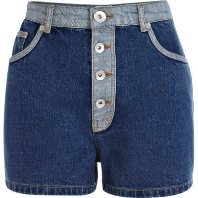 Mid wash two tone high waisted denim shorts