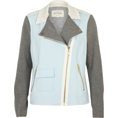 Light blue colour block biker jacket