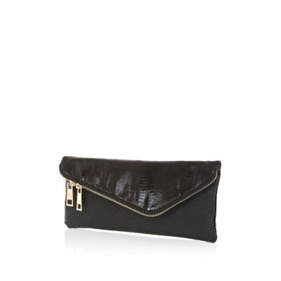 Black snake asymmetric fold over clutch bag