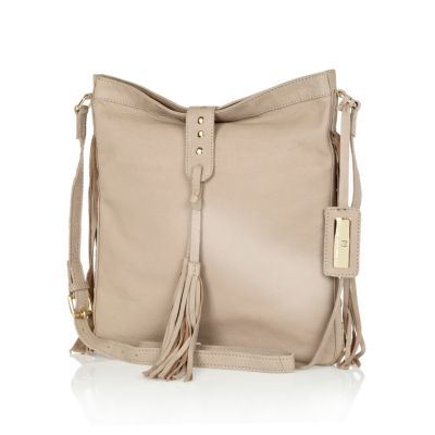 Grey leather tassel messenger bag