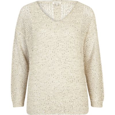 Beige mesh sequin embellished jumper