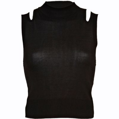 Black cut out shoulder knitted crop top