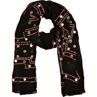 Black mirror embellished lightweight scarf