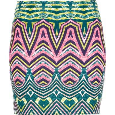 Green tribal print mini skirt