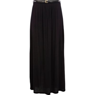 Black belted side split maxi skirt