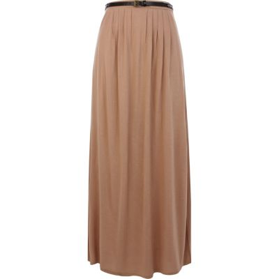 Beige belted side split maxi skirt