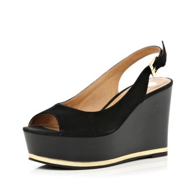 Black peep toe sling back wedges