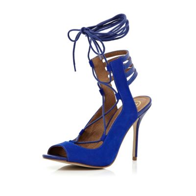Blue tie up ankle strap stiletto sandals