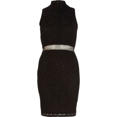 Black lace mesh waist bodycon dress