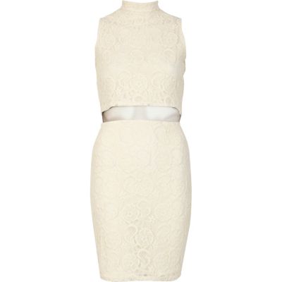 Cream lace mesh waist bodycon dress