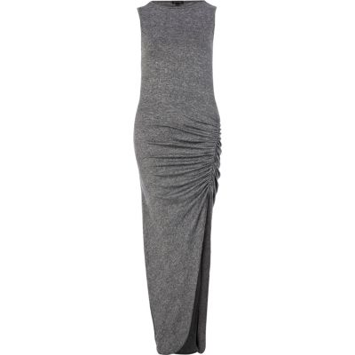 Grey ruched side split maxi dress 
