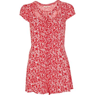 Red floral print cut out playsuit