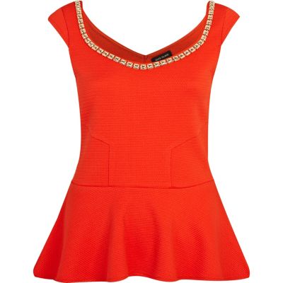 Red studded trim peplum top