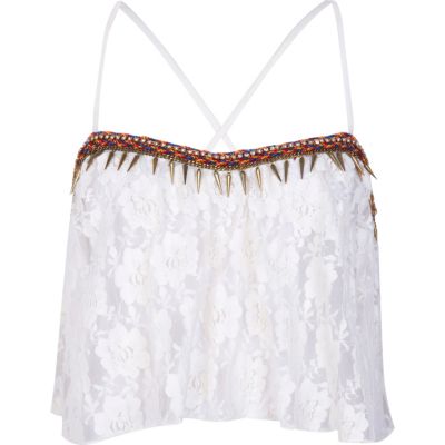 Cream lace embellished trim crop top