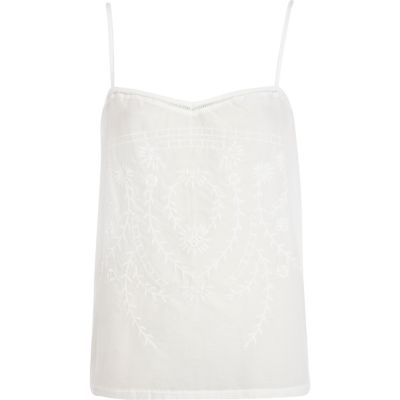 White embroidered woven front cami top
