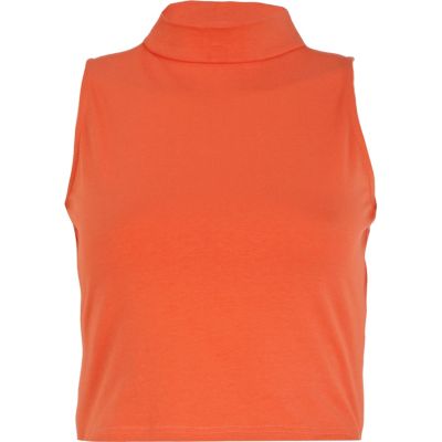 Orange turtle neck sleeveless crop top