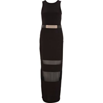 Black mesh insert metal plate belt maxi dress