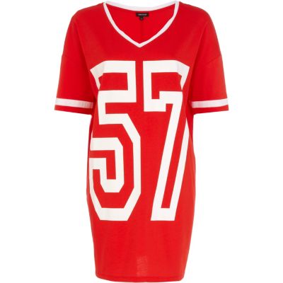 Red and white 57 print varsity t-shirt dress 