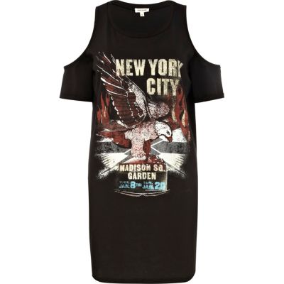Black NYC eagle print cold shoulder dress