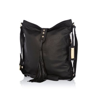 Black tumbled leather tassel messenger bag