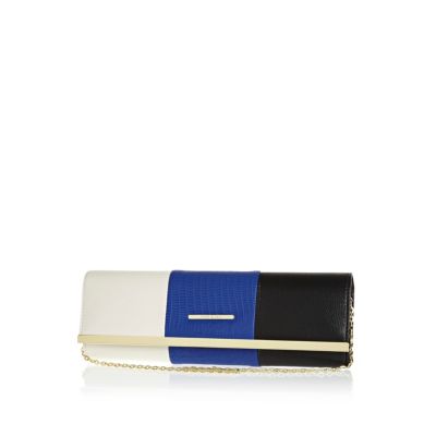 Blue colour block clutch bag