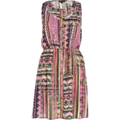 Pink cut-out tribal print sleeveless dress