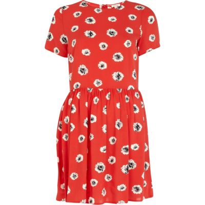 Red sunflower print tea dress