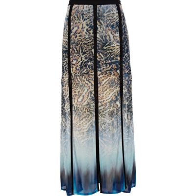 Blue leopard ombre split leg maxi skirt