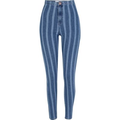 Mid wash striped denim tube pants